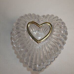 Heart-Shaped Ribbed Glass Trinket Box With Gold-Tone Lid Accent 6"